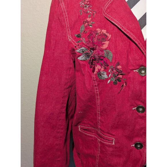 Denim & Company L Red ROSES Denim Jacket - Picture 2 of 6